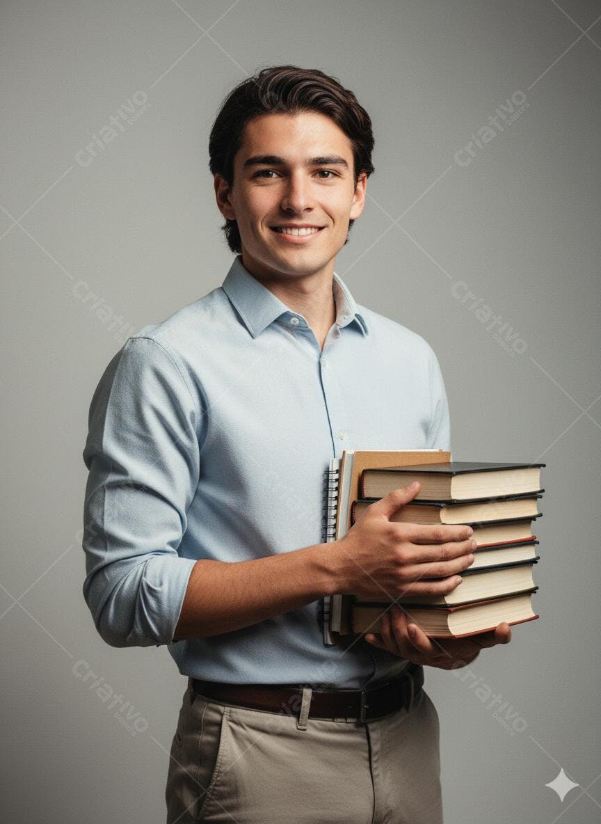Jovem estudante feliz segurando livros em camisa azul e calça cáqui