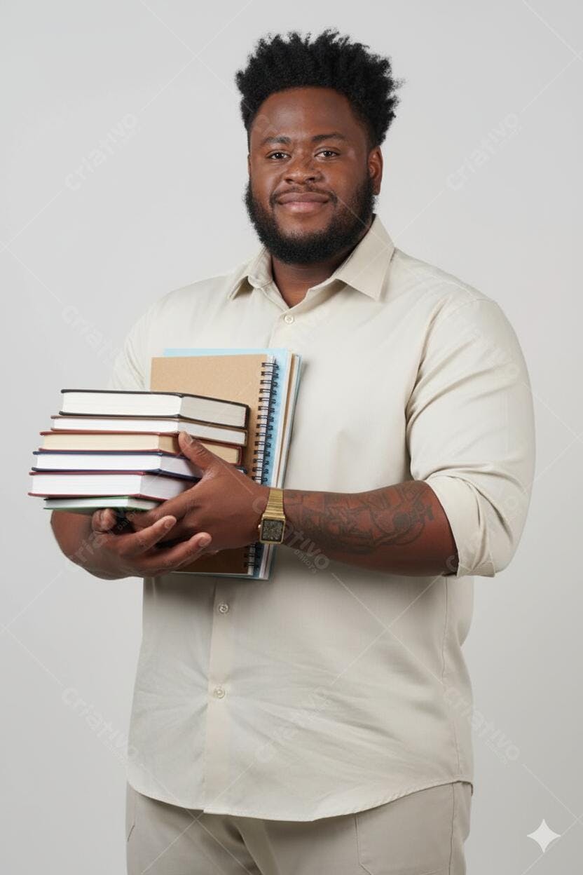 Homem negro estudante sorrindo feliz segurando livros e cadernos