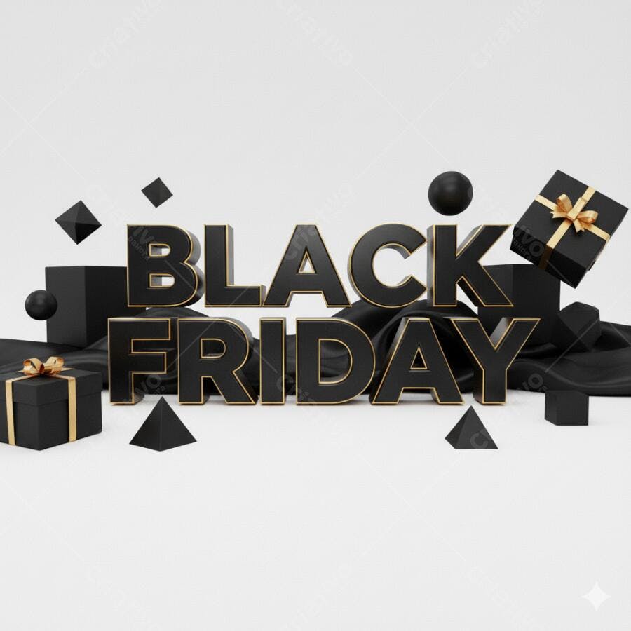 Black Friday promocional com letras 3D pretas e presentes dourados