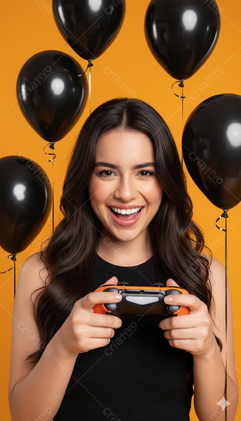Mulher jovem gamer sorrindo com controle de videogame e balões pretos
