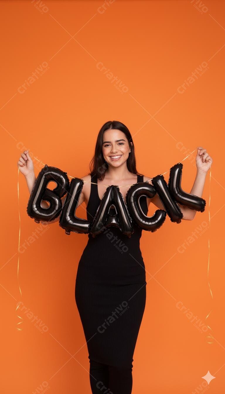 Mulher jovem sorrindo feliz em vestido preto segurando balões "BLACK" fundo laranja