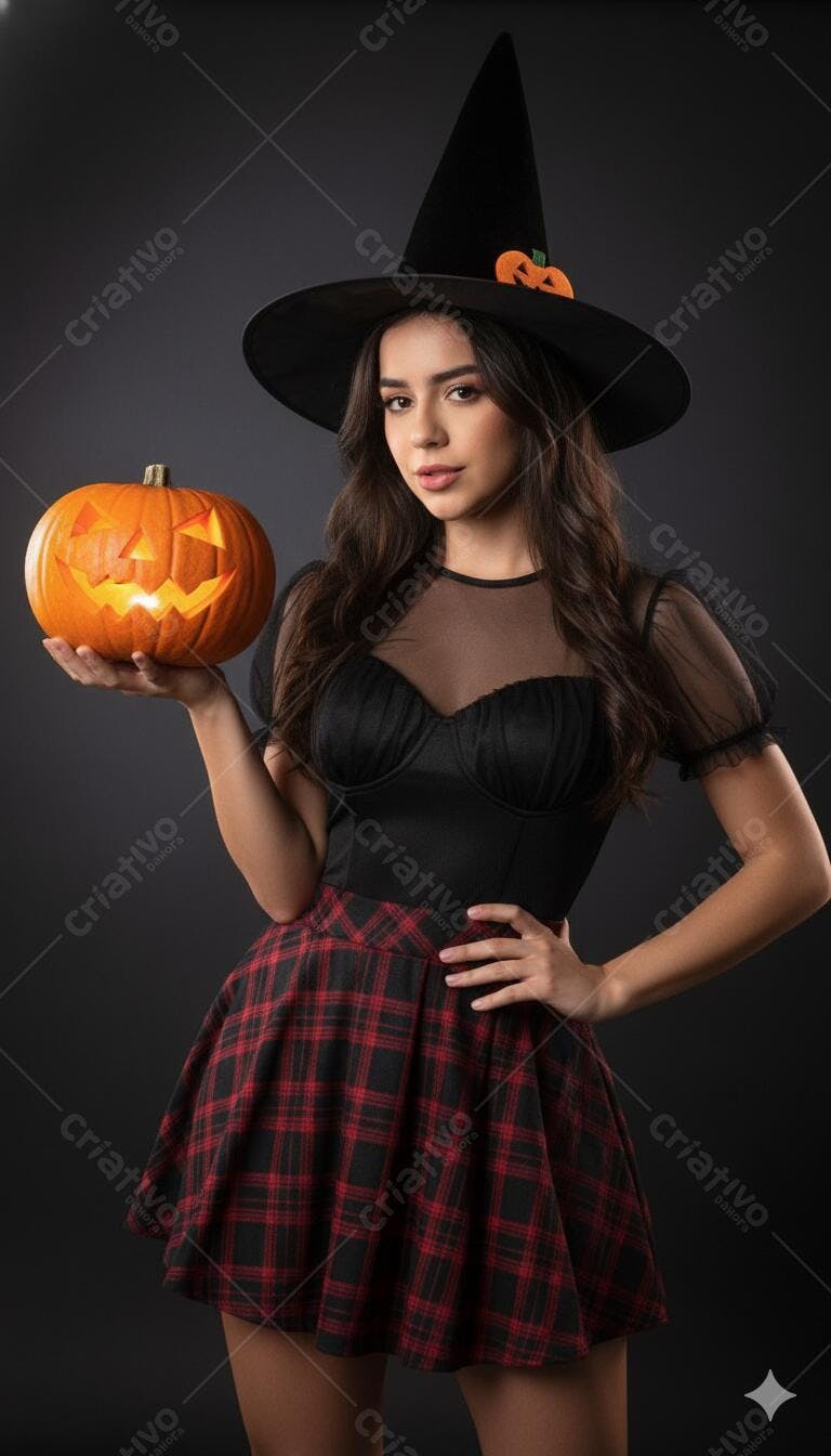 Jovem bruxa morena com chapéu preto e saia xadrez segurando abóbora Halloween iluminada