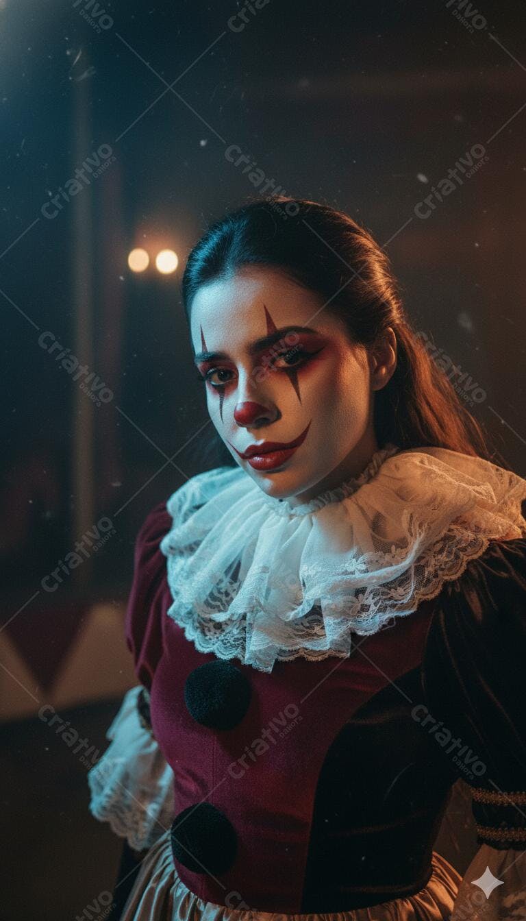 Mulher palhaço misteriosa com maquiagem dramática e roupa vintage circo