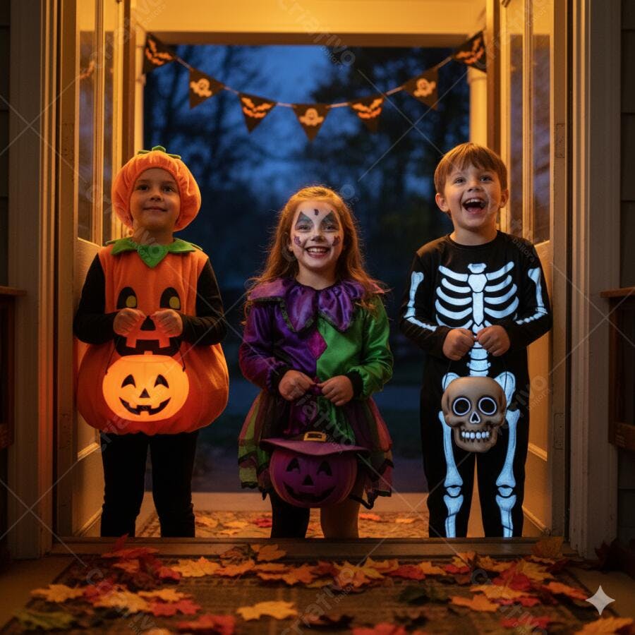 Crianças caucasianas felizes em fantasias coloridas de Halloween na porta de casa