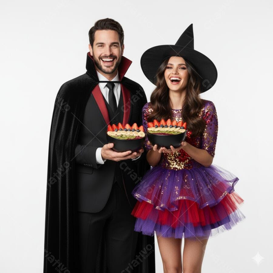 Casal feliz fantasiado de vampiro e bruxa com tigelas de frutas para Halloween