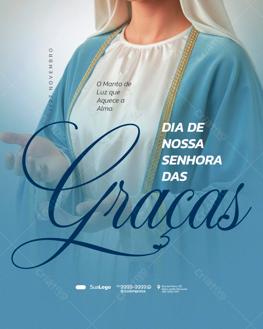 Flyer Dia de Nossa Senhora das Graças com Manto Azul 27 de Novembro PSD Editável