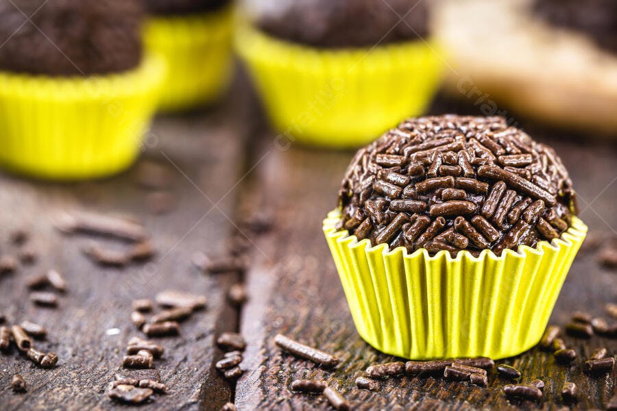 Brigadeiro de chocolate com granulado em forminha amarela na mesa de madeira