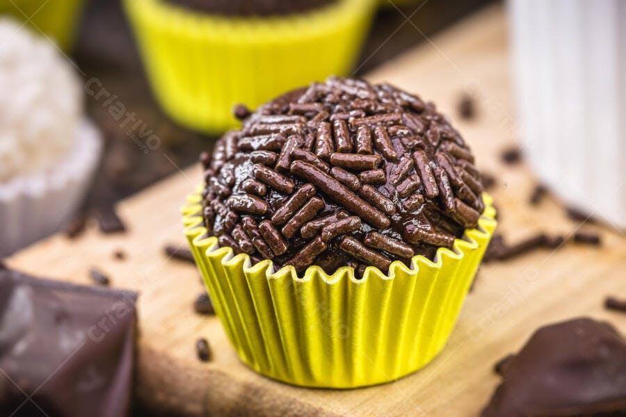 Brigadeiro de chocolate com granulado em forminha amarela sobre madeira