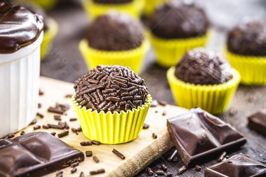 Brigadeiro de chocolate granulado em forminha amarela vibrante com barras
