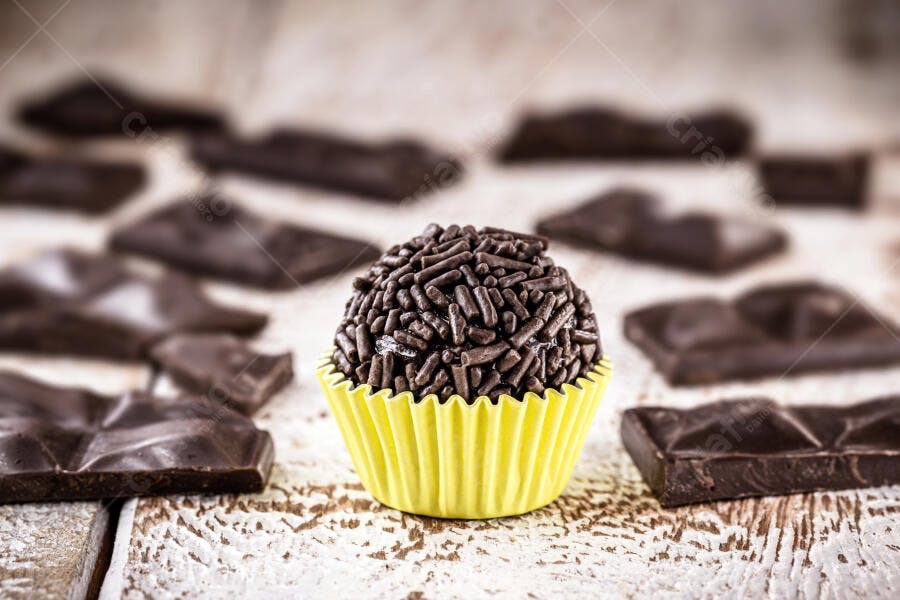 Brigadeiro com granulado em forminha amarela sobre madeira rústica e chocolate