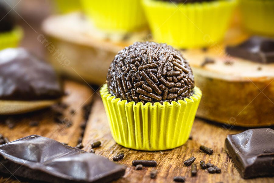 Brigadeiro de chocolate com granulado em forminha amarela sobre madeira rústica