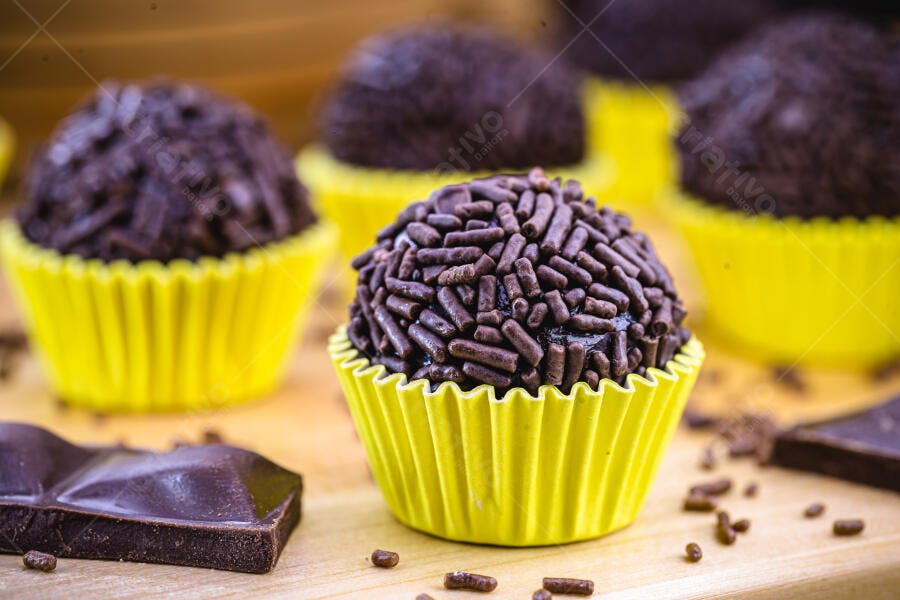 Brigadeiros de chocolate escuro em forminhas amarelas sobre mesa de madeira