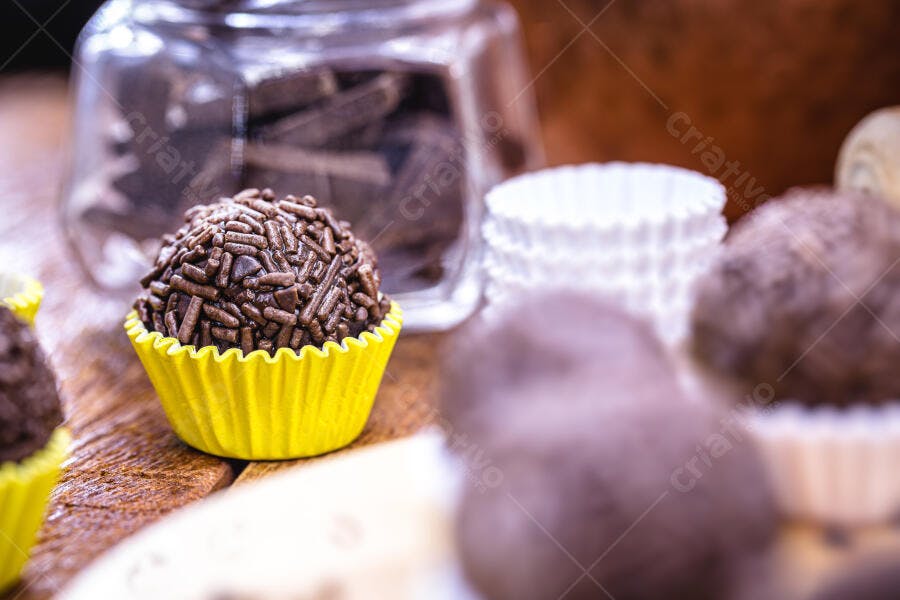 Brigadeiro de chocolate com granulado em forminha amarela sobre madeira rústica