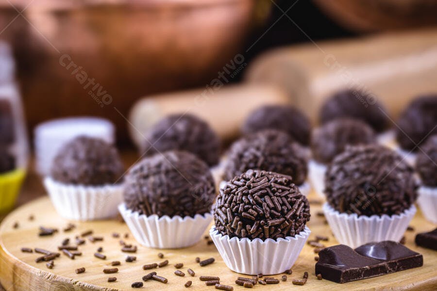 Brigadeiros brasileiros de chocolate com granulado em mesa de madeira