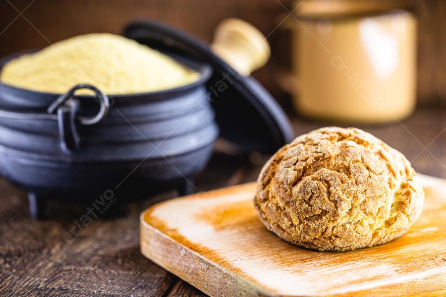 Pão de milho rústico em tábua de madeira com fubá em panela de ferro