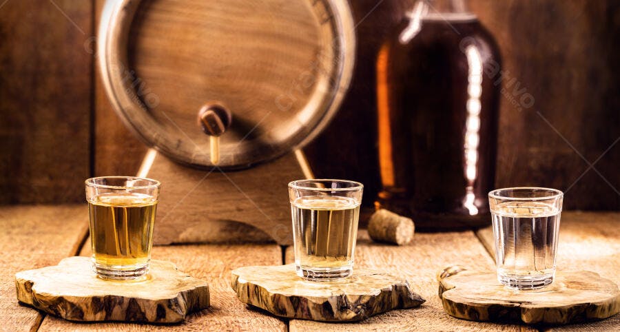 Bebidas destiladas em copos shot com barril de madeira rústico e garrafa