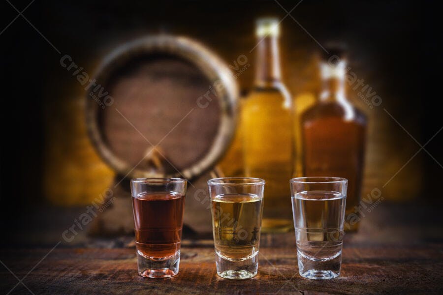 Três copos de shot com bebidas destiladas em mesa de madeira rústica e barril