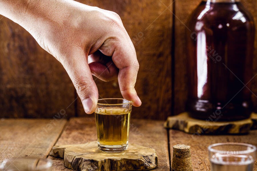 Mão masculina segura shot de destilado dourado em mesa de madeira rústica