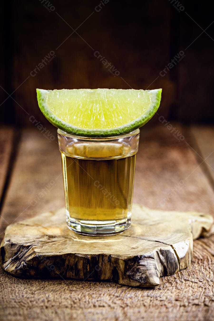 Cachaça ou tequila dourada em copo de shot com fatia de limão fresco em madeira rústica
