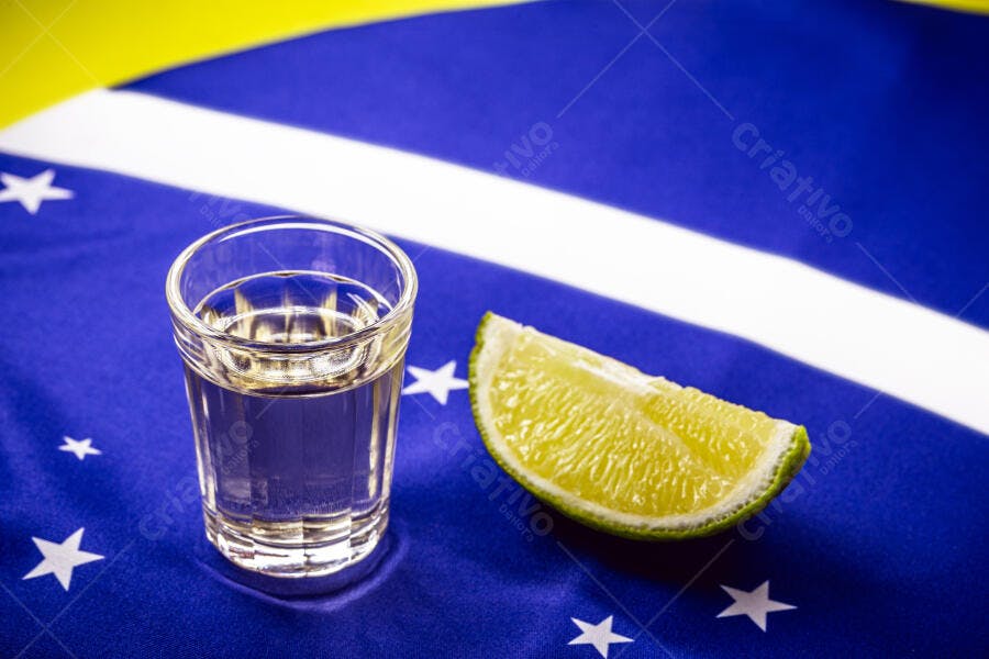 Copo de cachaça e limão verde sobre a bandeira do Brasil