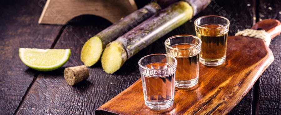 Cachaça branca e dourada em copos com cana de açúcar e limão em mesa rústica de madeira