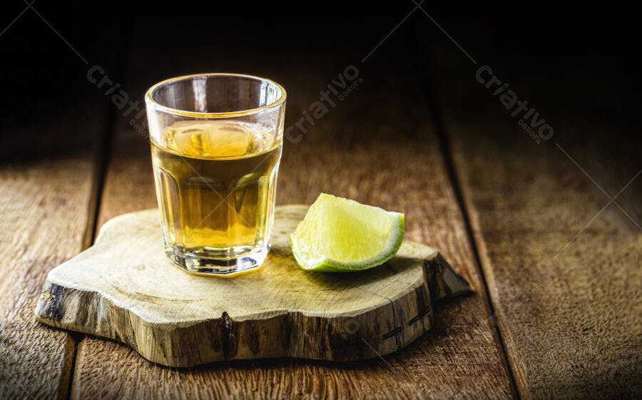 Copo de cachaça amarela ou tequila com limão em tábua de madeira rústica