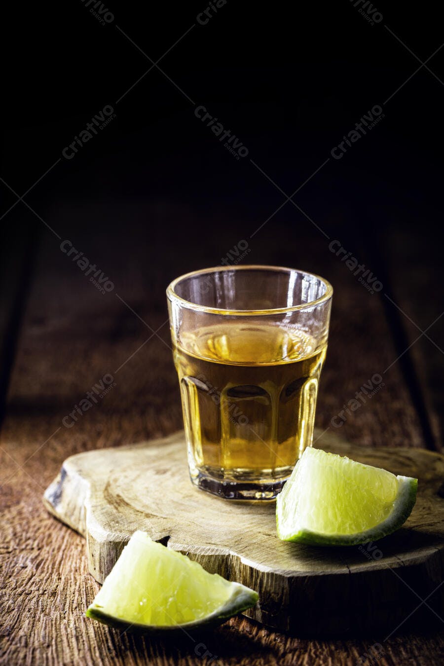 Copo de cachaça dourada com limão em tábua de madeira rústica