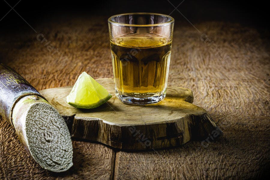 Cachaça dourada com limão e cana de açúcar em tábua de madeira rústica