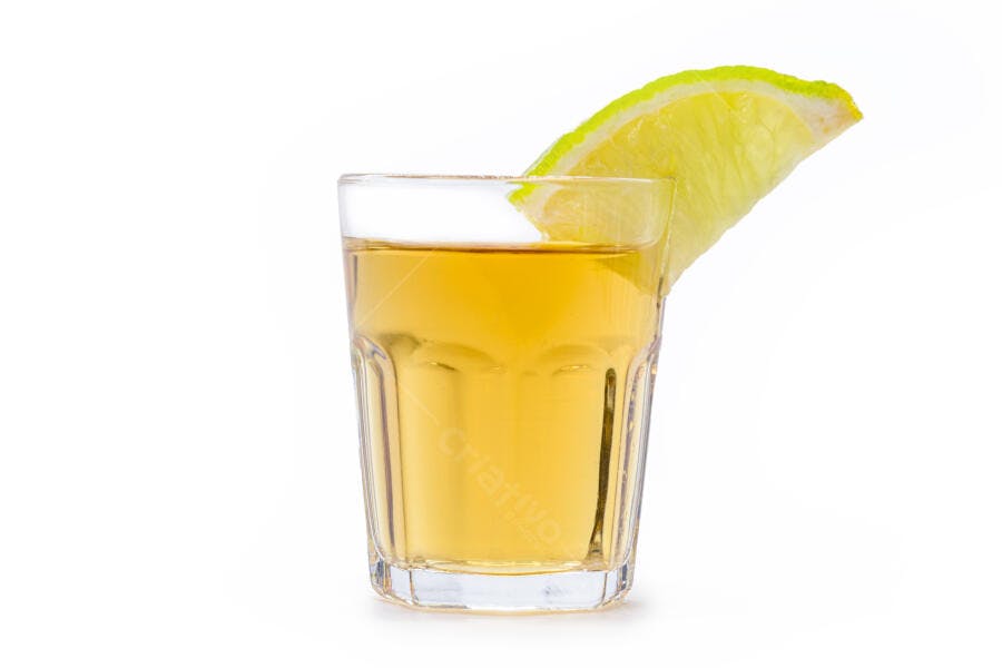 Shot de tequila dourada com fatia de limão em fundo branco