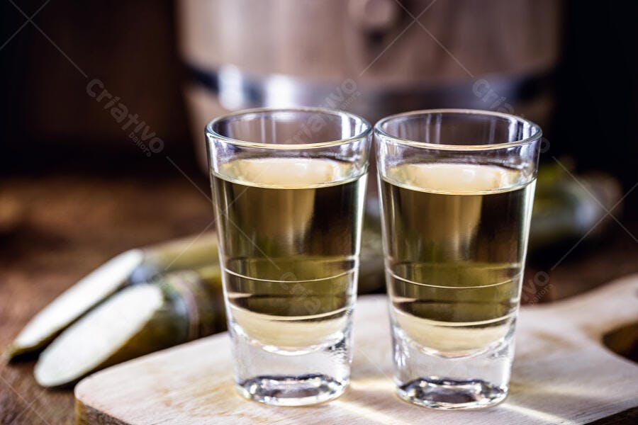 Dois copos de cachaça dourada com cana de açúcar em tábua de madeira rústica bebida brasileira