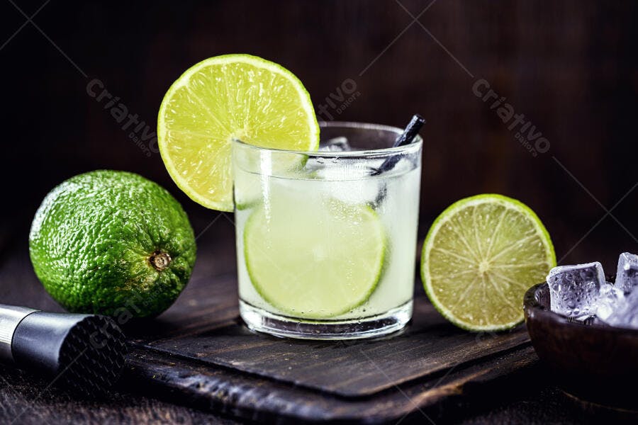 Caipirinha refrescante com limão e gelo em fundo rústico de madeira