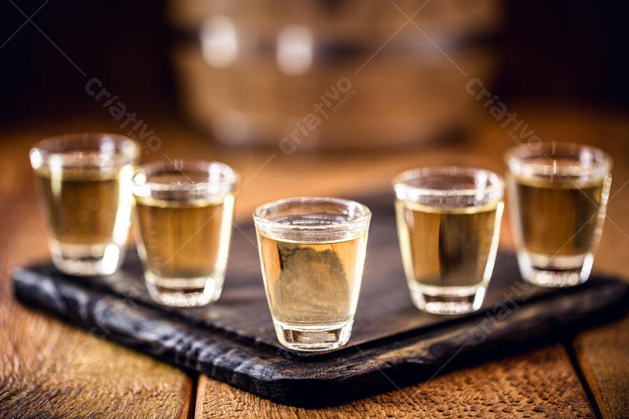 Cachaça cinco doses em copo de shot sobre tábua de madeira rústica