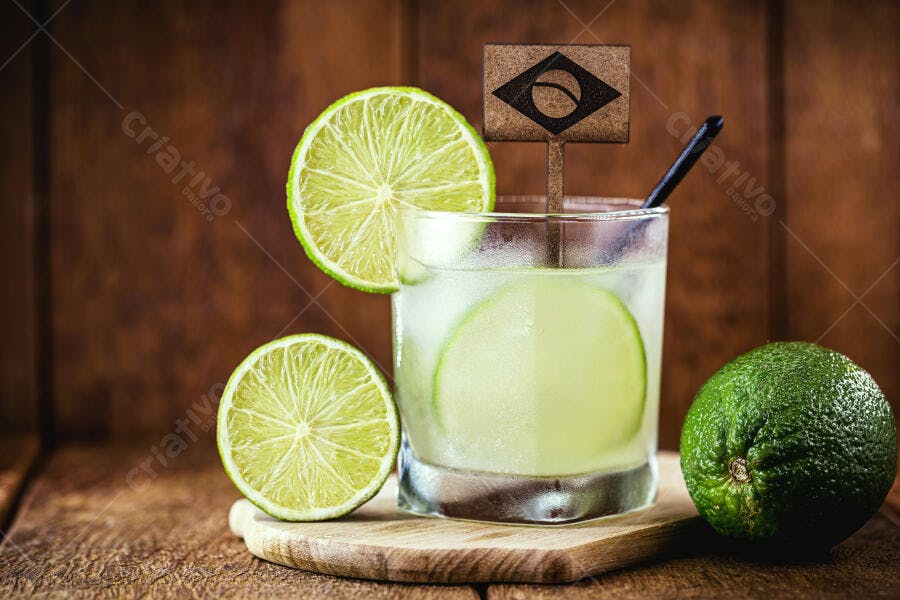Caipirinha brasileira com limões frescos em fundo de madeira rústica