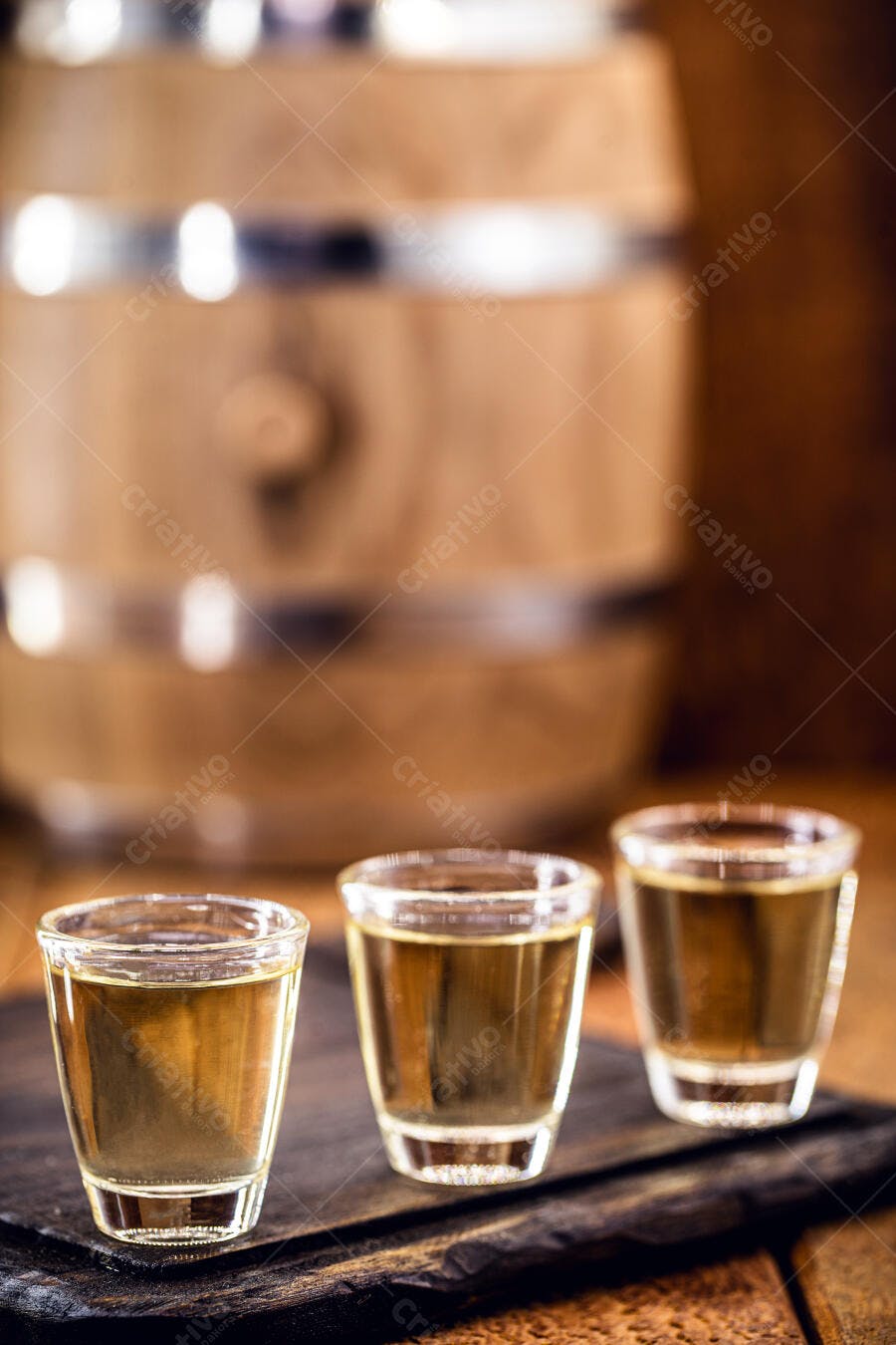 Cachaça amarela em três copinhos de shot com barril de madeira ao fundo