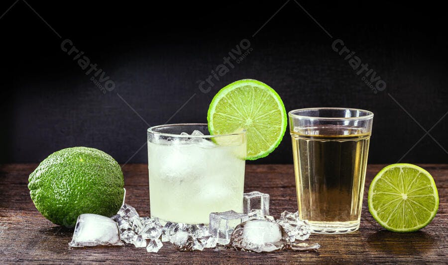 Caipirinha e cachaça com limão e gelo em mesa de madeira rústica escura