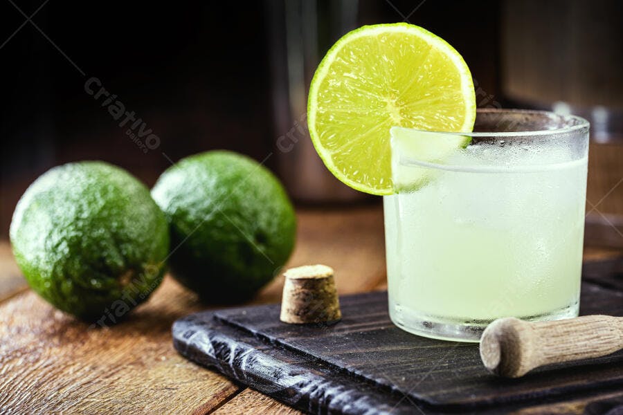 Caipirinha de limão refrescante com frutas frescas e socador em tábua rústica