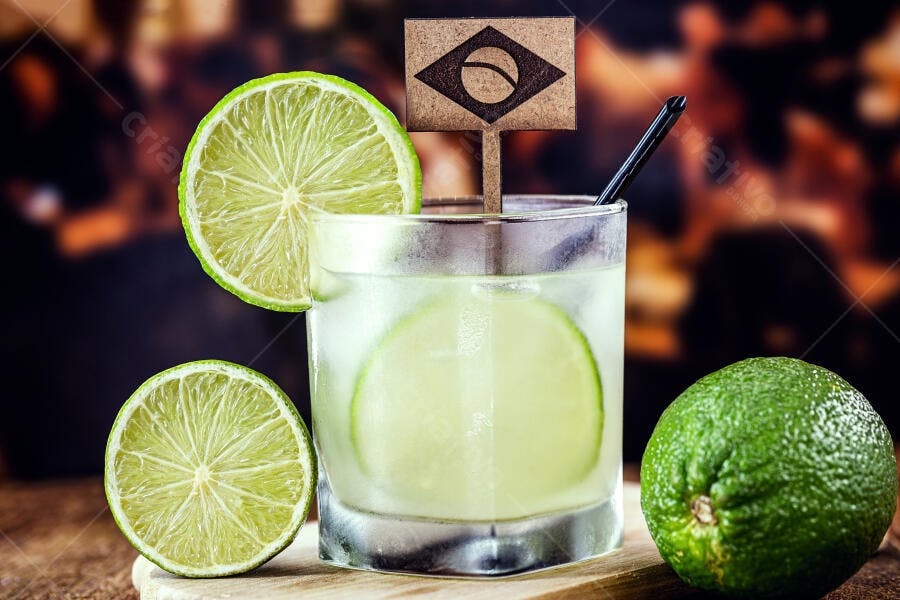Caipirinha refrescante com limão e bandeira do Brasil em bar