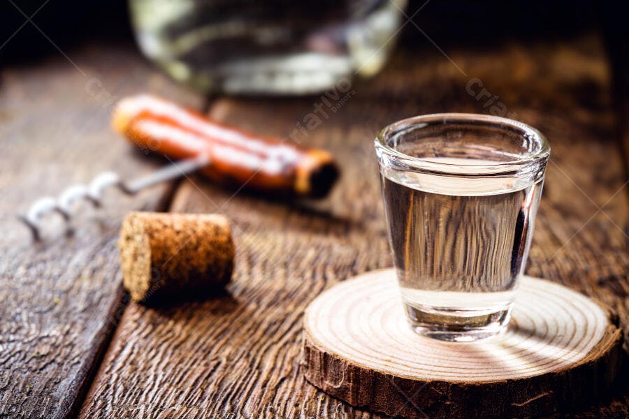 Shot de cachaça ou aguardente em copo de vidro com rolha e saca rolhas sobre mesa de madeira
