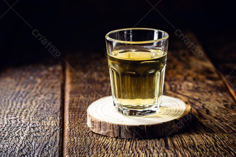 Copo de cachaça amarela em rodela de tronco sobre mesa de madeira rústica