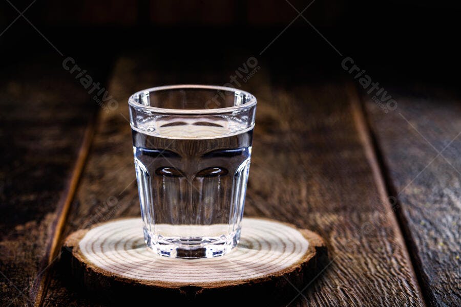 Copo de cachaça ou água em base de madeira rústica escura