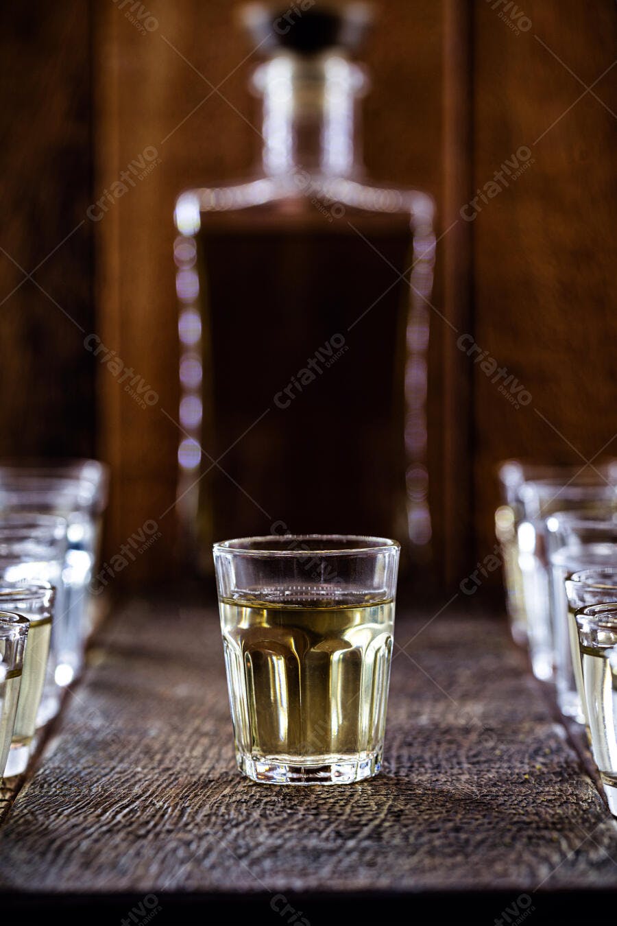 Copo de cachaça tradicional em mesa rústica de madeira