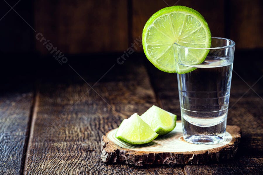 Shot de bebida clara com limão em tábua de madeira rústica