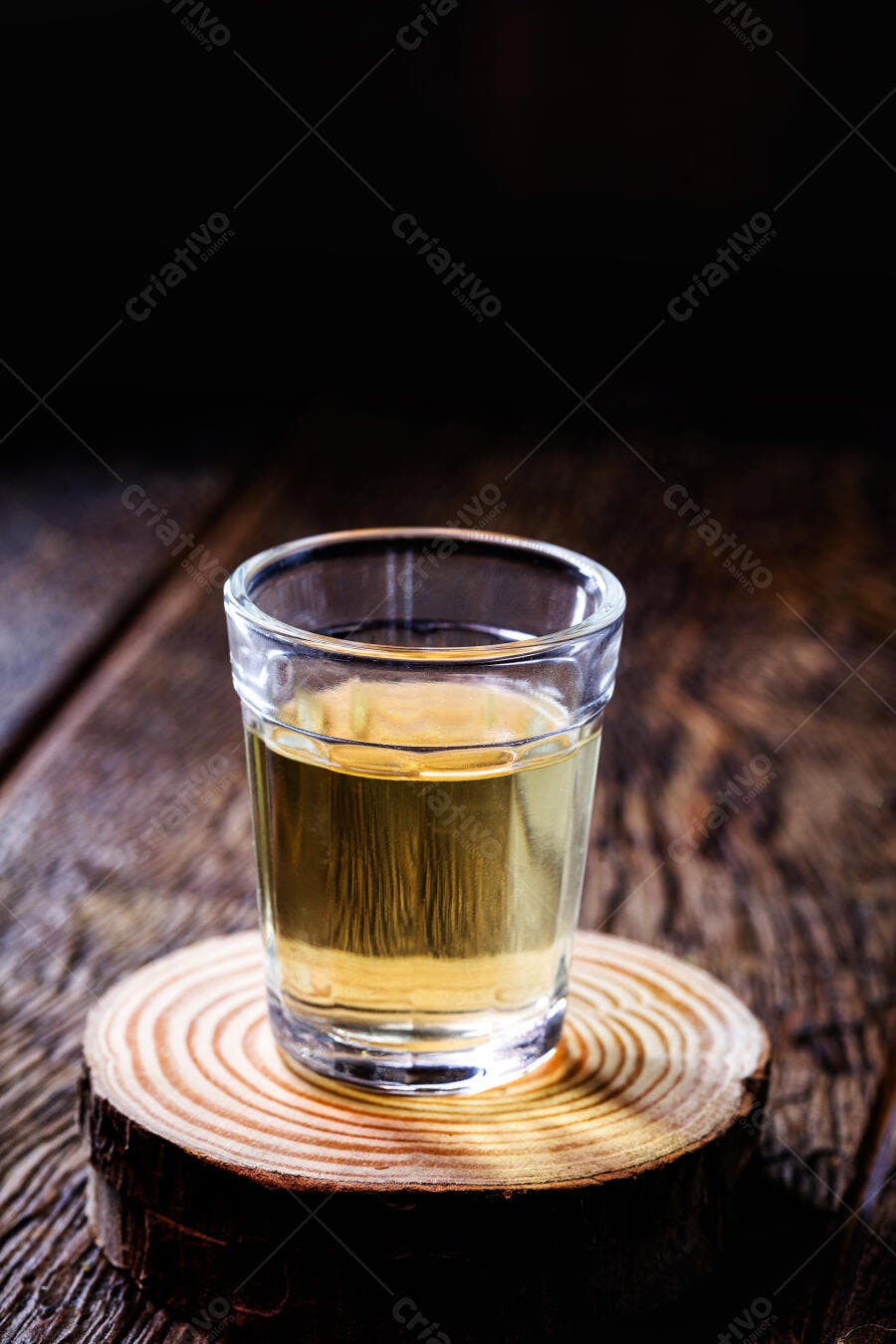Copo de cachaça amarela sobre descanso de madeira em mesa rústica