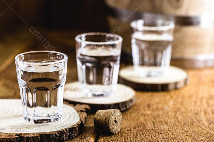 Copos de cachaça clara em mesa de madeira rústica com barril e rolha