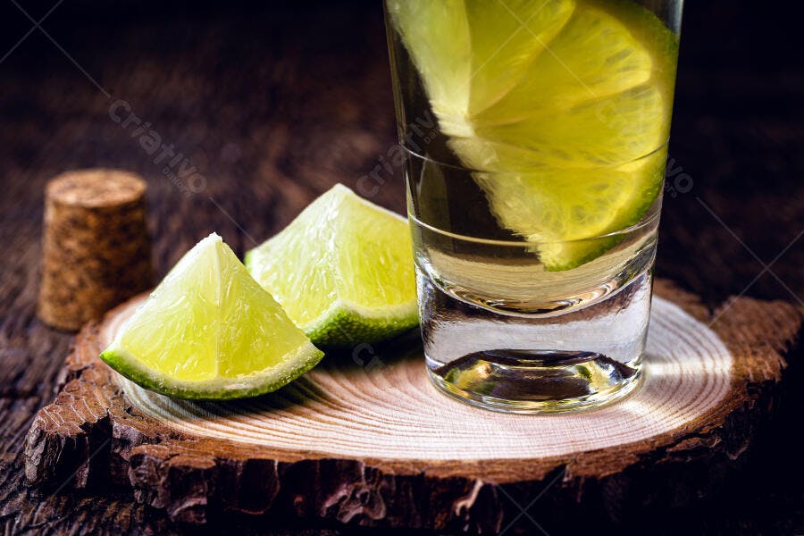 Copo de shot com limão verde e fatias em madeira rústica