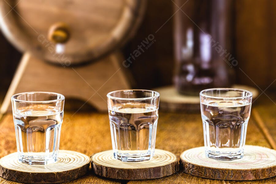 Três doses de cachaça em madeira rústica com barril ao fundo