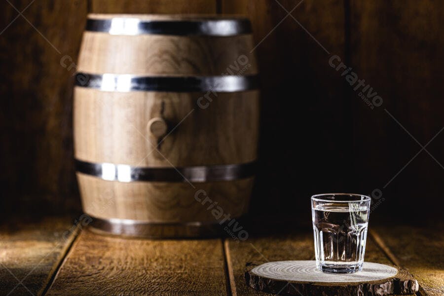Copo de cachaça ou aguardente em fundo rústico com barril de madeira