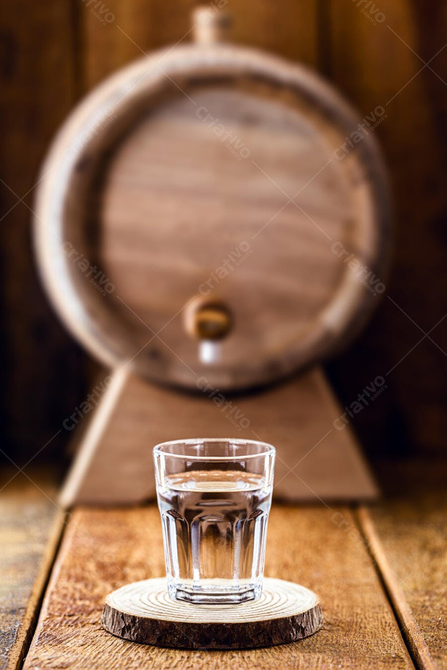 Copo de cachaça em mesa de madeira rústica com barril ao fundo