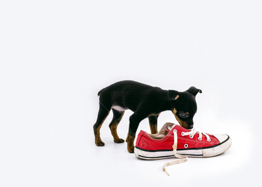 Filhote de cachorro preto e castanho cheirando tênis vermelho em estúdio branco