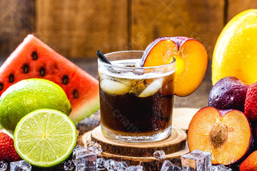 Bebida refrescante com frutas frescas e gelo melancia limão ameixa morangos em mesa de madeira